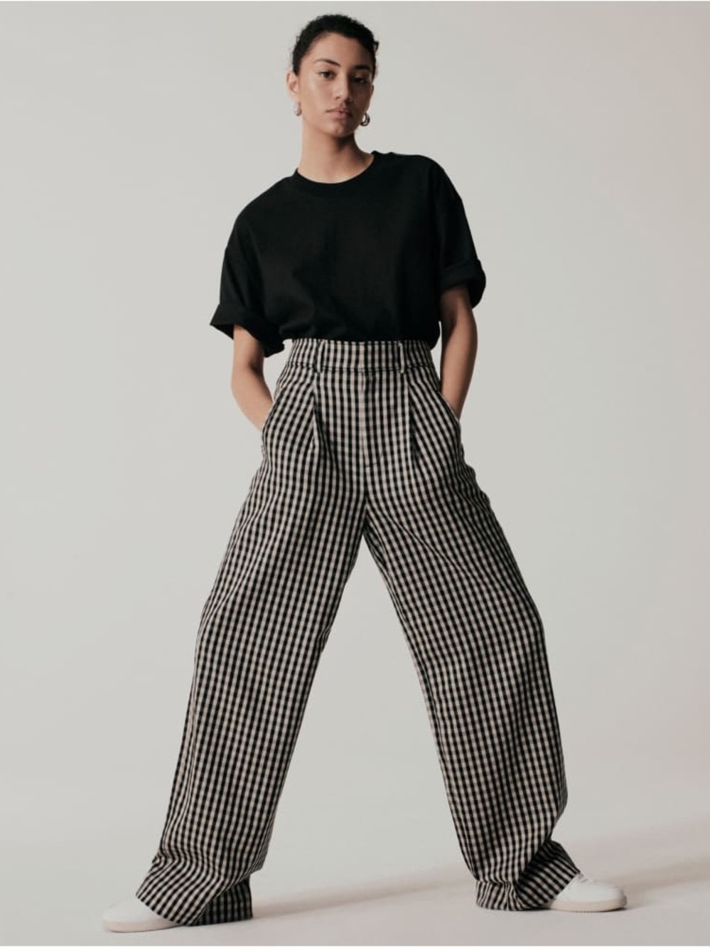 Everlane Draper High-Waist Black White Gingham Wide-Leg Pants pleated size 0R